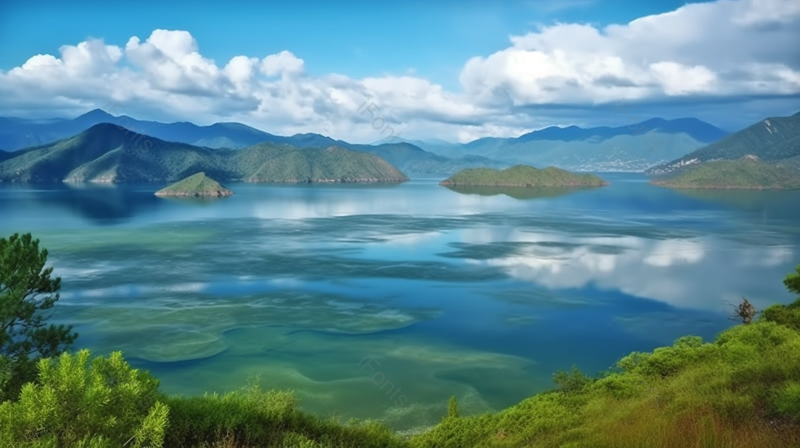 篮绿色湖光天色延绵不绝的山峰山水风景背景,高清,摄影图,摄影图片,图片大全,摄影图免费下载